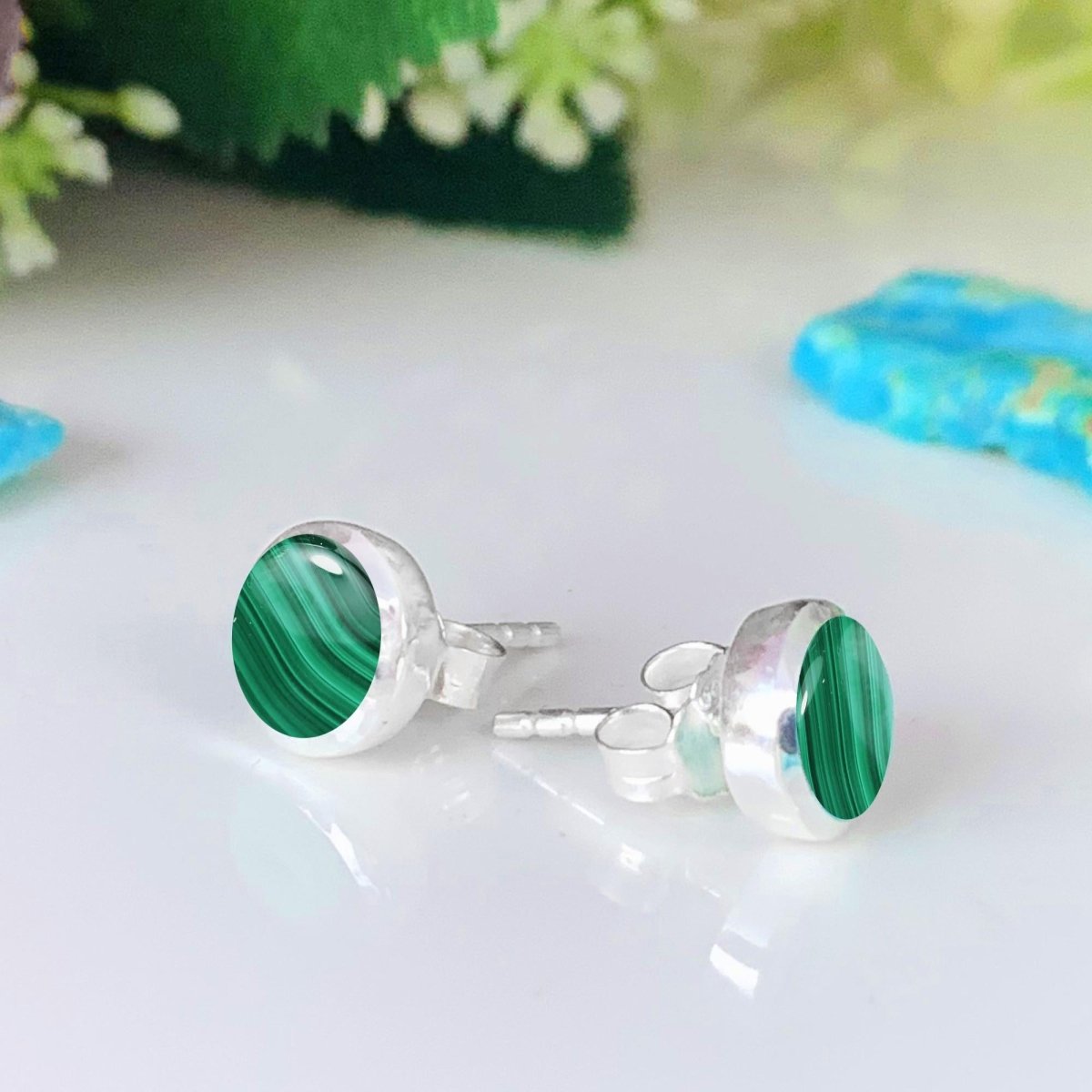 Round Malachite Stud Earrings - 925 Sterling Silver - Natural Gemstone Jewelry - BeadsBoatInc