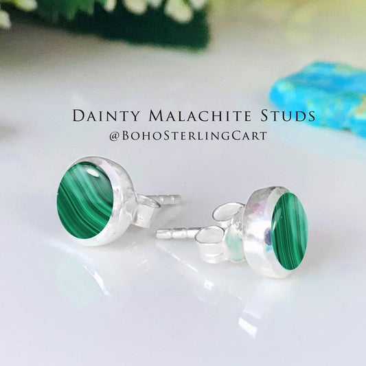 Round Malachite Stud Earrings - 925 Sterling Silver - Natural Gemstone Jewelry - BeadsBoatInc