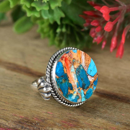Round Oyster Turquoise Scallop Shell Statement Ring in 925 Silver - BeadsBoatInc