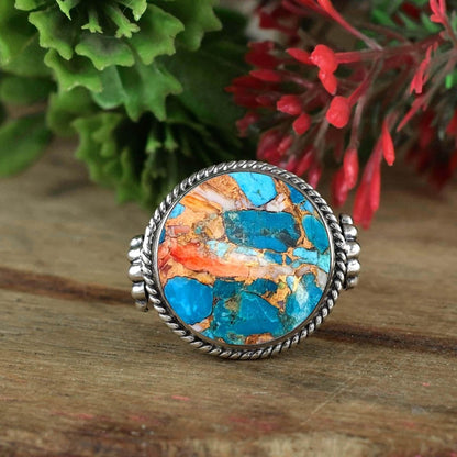 Round Oyster Turquoise Scallop Shell Statement Ring in 925 Silver - BeadsBoatInc
