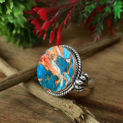 Round Oyster Turquoise Scallop Shell Statement Ring in 925 Silver - BeadsBoatInc