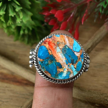 Round Oyster Turquoise Scallop Shell Statement Ring in 925 Silver - BeadsBoatInc