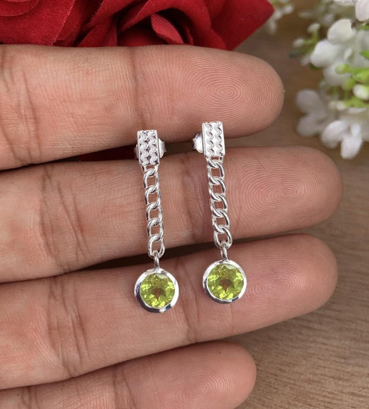 Round Peridot Chain Earrings 925 Sterling Silver Dangle Drops - BeadsBoatInc