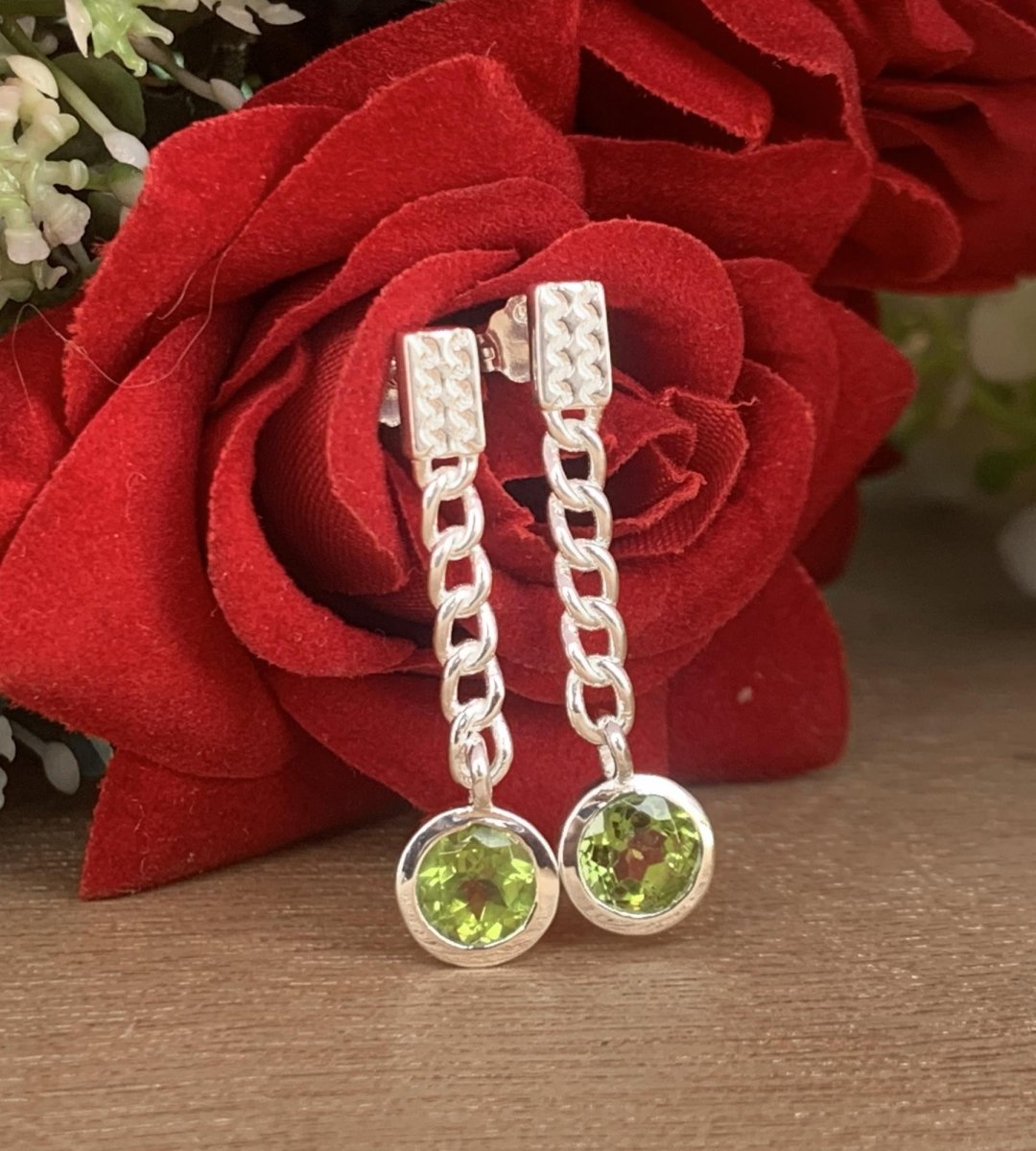 Round Peridot Chain Earrings 925 Sterling Silver Dangle Drops - BeadsBoatInc