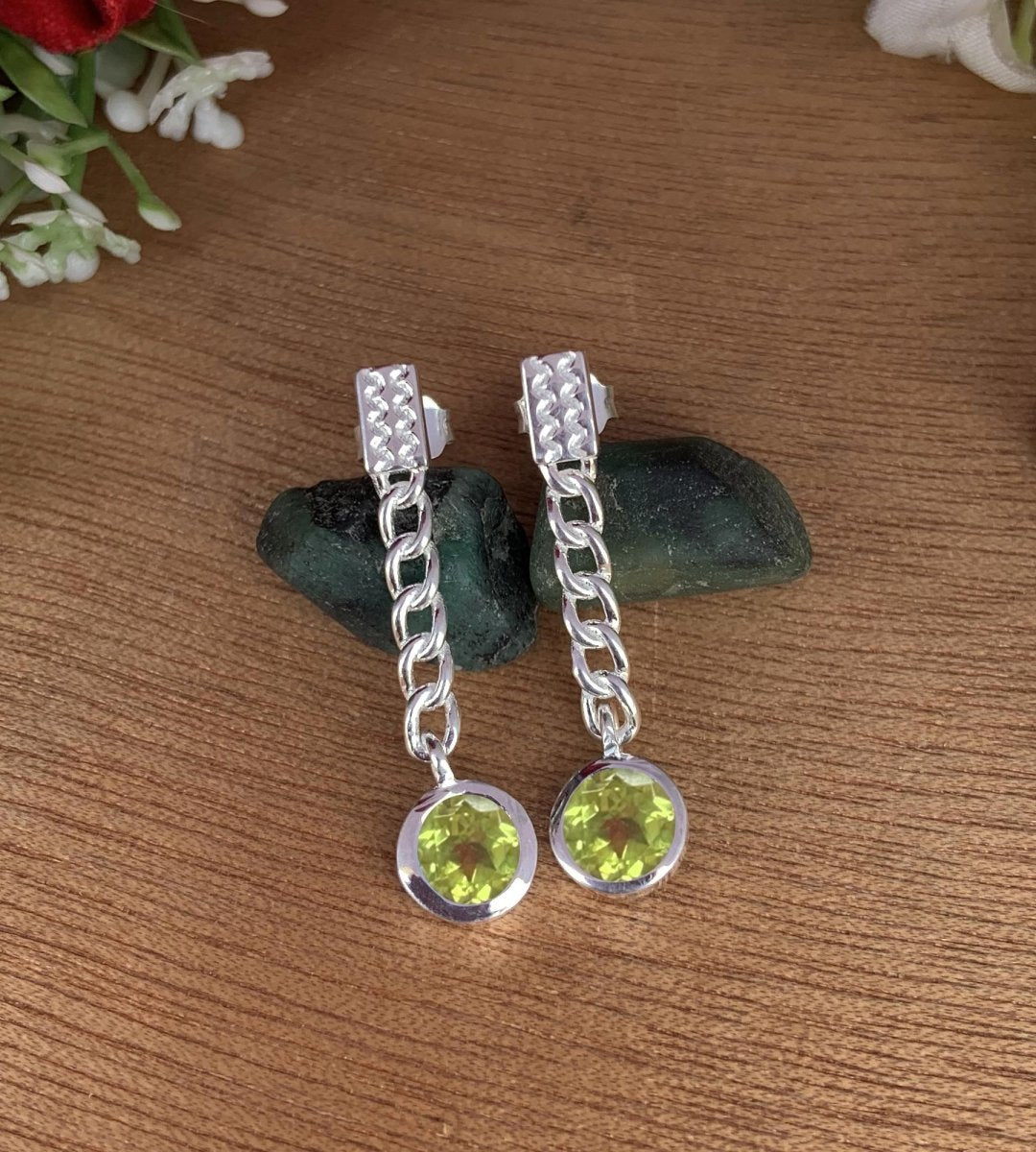 Round Peridot Chain Earrings 925 Sterling Silver Dangle Drops - BeadsBoatInc