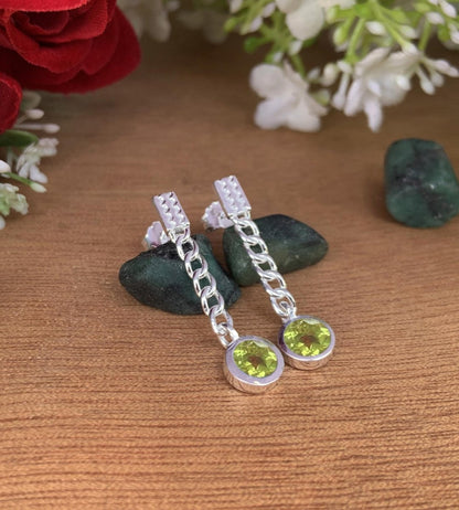 Round Peridot Chain Earrings 925 Sterling Silver Dangle Drops - BeadsBoatInc