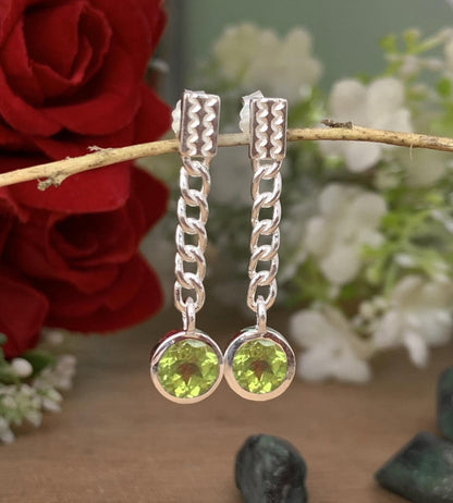 Round Peridot Chain Earrings 925 Sterling Silver Dangle Drops - BeadsBoatInc
