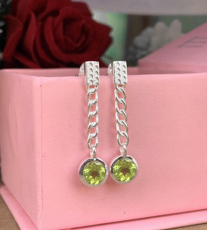 Round Peridot Chain Earrings 925 Sterling Silver Dangle Drops - BeadsBoatInc