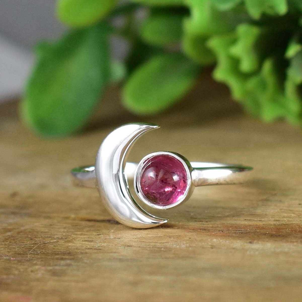 Round Pink Tourmaline Celestial Moon Adjustable Ring in 925 Silver - BeadsBoatInc