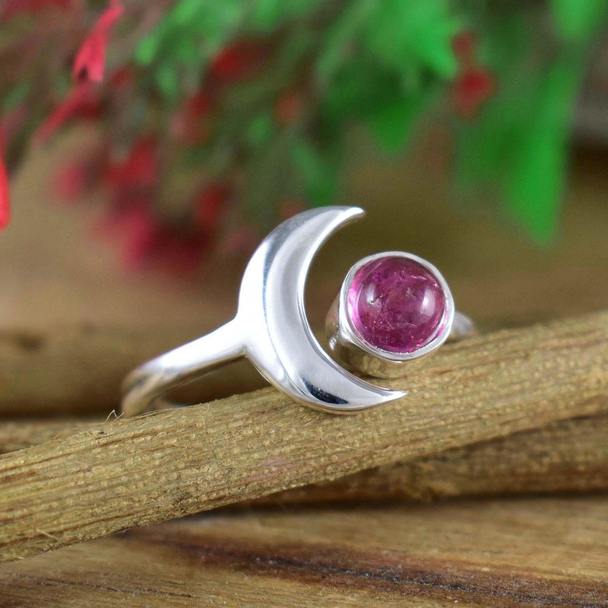 Round Pink Tourmaline Celestial Moon Adjustable Ring in 925 Silver - BeadsBoatInc
