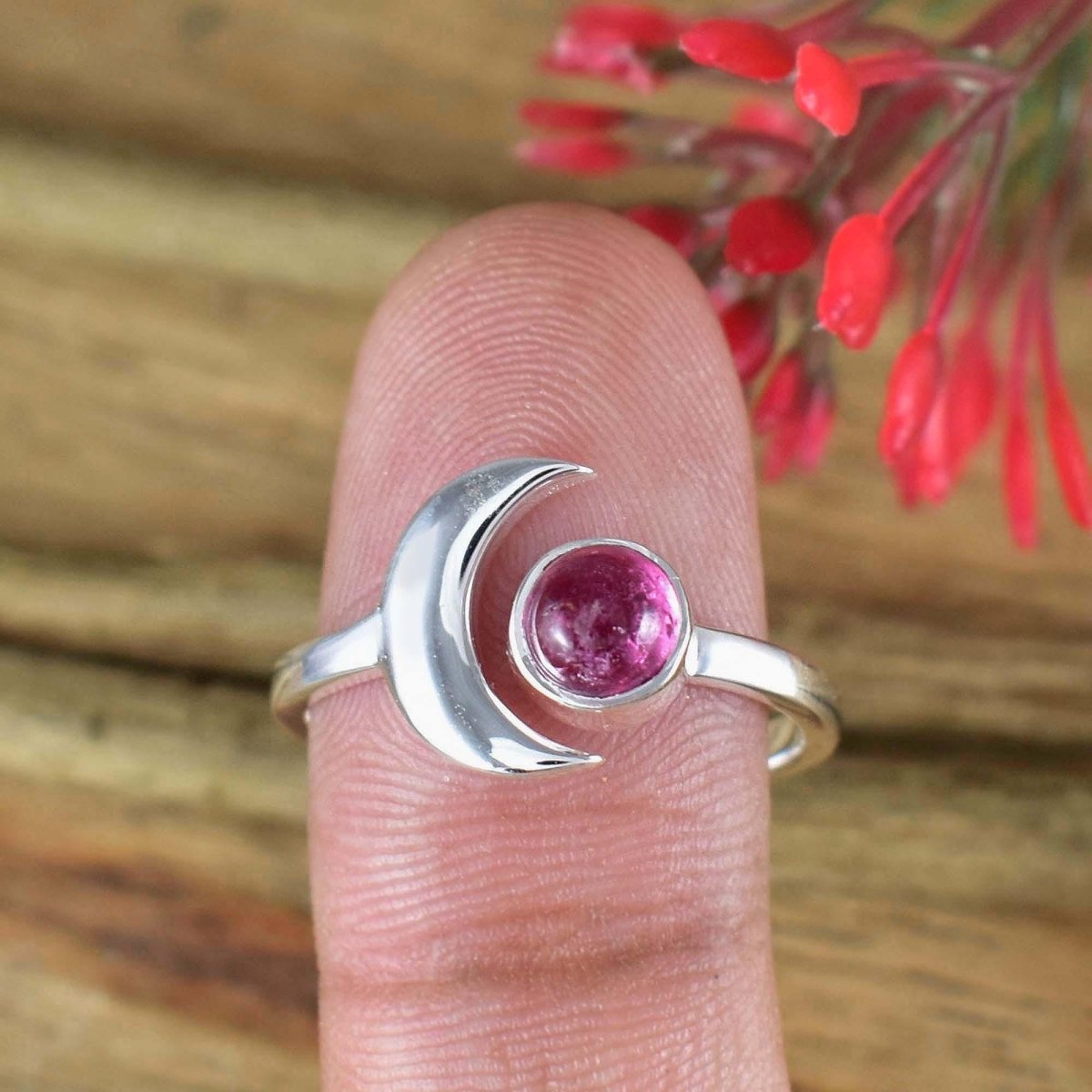 Round Pink Tourmaline Celestial Moon Adjustable Ring in 925 Silver - BeadsBoatInc