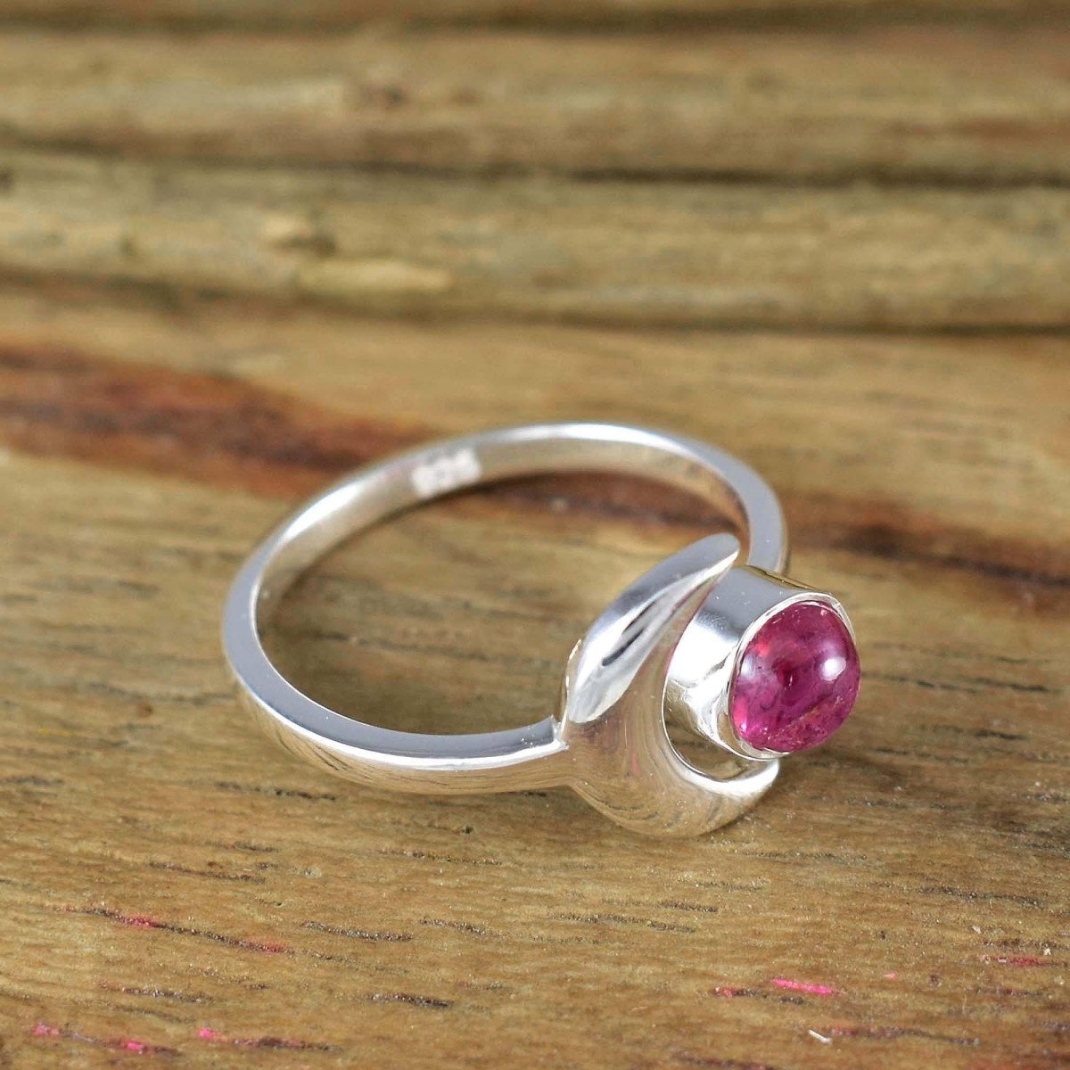 Round Pink Tourmaline Celestial Moon Adjustable Ring in 925 Silver - BeadsBoatInc