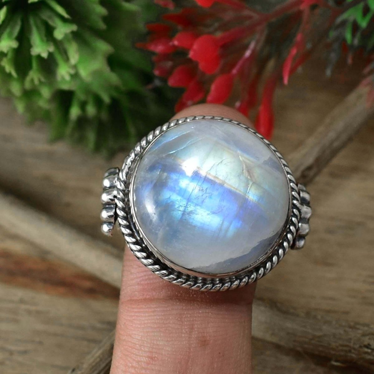 Round Rainbow Moonstone Ring, Big Statement Ring for Women, Sterling Silver Boho Designer Ring, Gift for Her, R - 0013 - BeadsBoatInc