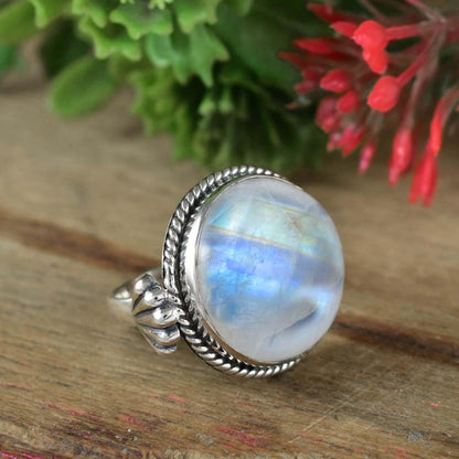 Round Rainbow Moonstone Ring, Big Statement Ring for Women, Sterling Silver Boho Designer Ring, Gift for Her, R - 0013 - BeadsBoatInc