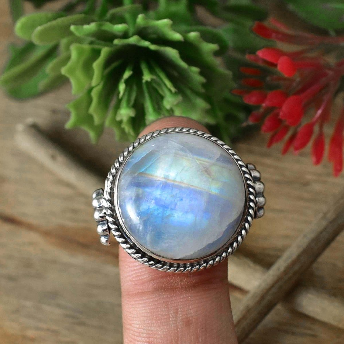 Round Rainbow Moonstone Ring, Big Statement Ring for Women, Sterling Silver Boho Designer Ring, Gift for Her, R - 0013 - BeadsBoatInc