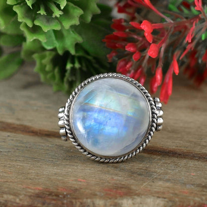 Round Rainbow Moonstone Ring, Big Statement Ring for Women, Sterling Silver Boho Designer Ring, Gift for Her, R - 0013 - BeadsBoatInc