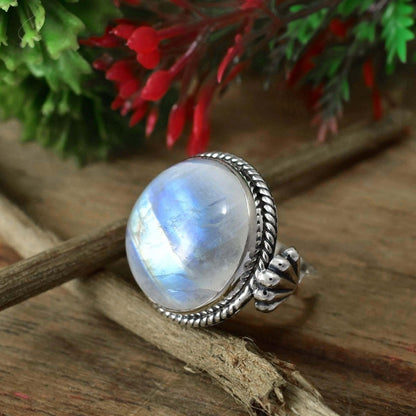 Round Rainbow Moonstone Ring, Big Statement Ring for Women, Sterling Silver Boho Designer Ring, Gift for Her, R - 0013 - BeadsBoatInc