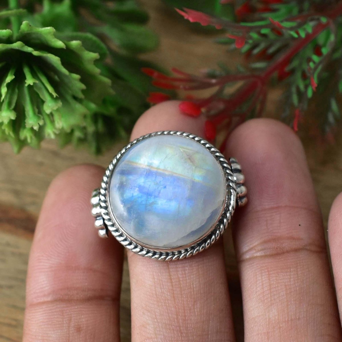 Round Rainbow Moonstone Ring, Big Statement Ring for Women, Sterling Silver Boho Designer Ring, Gift for Her, R - 0013 - BeadsBoatInc