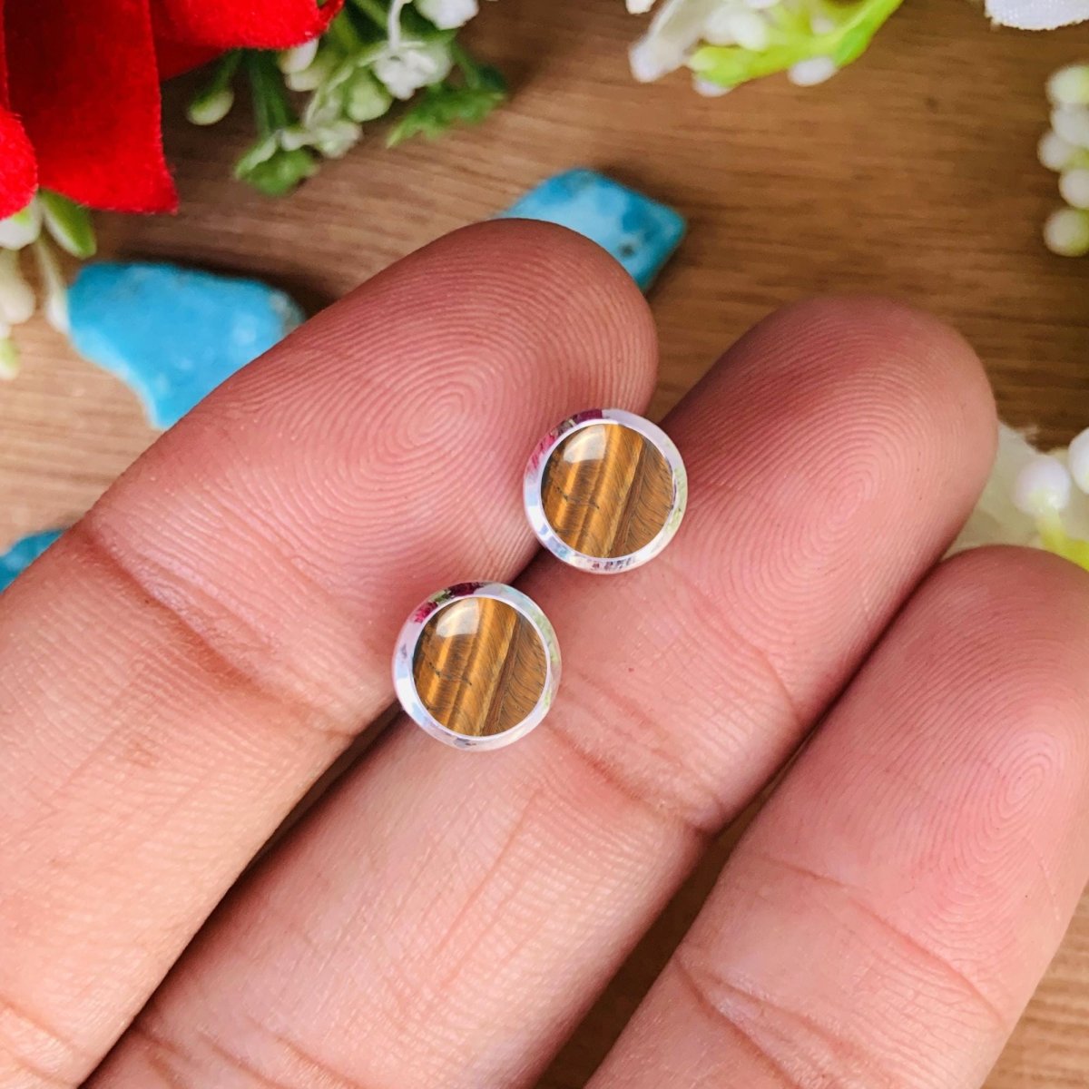 Round Tiger's Eye Stud Earrings in 925 Sterling Silver - Multiple Finish - BeadsBoatInc
