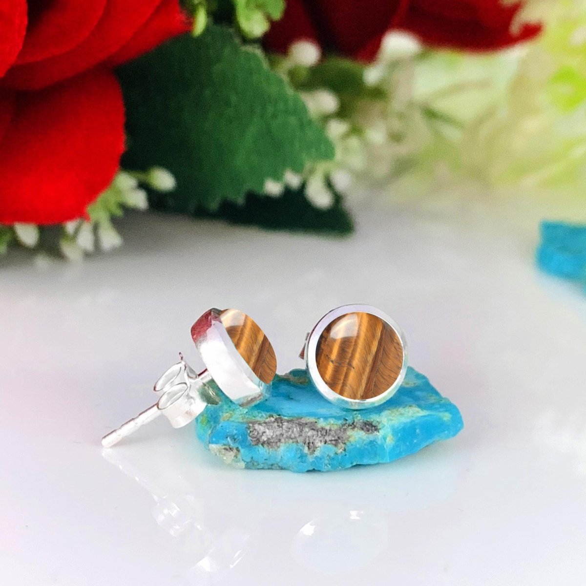 Round Tiger's Eye Stud Earrings in 925 Sterling Silver - Multiple Finish - BeadsBoatInc