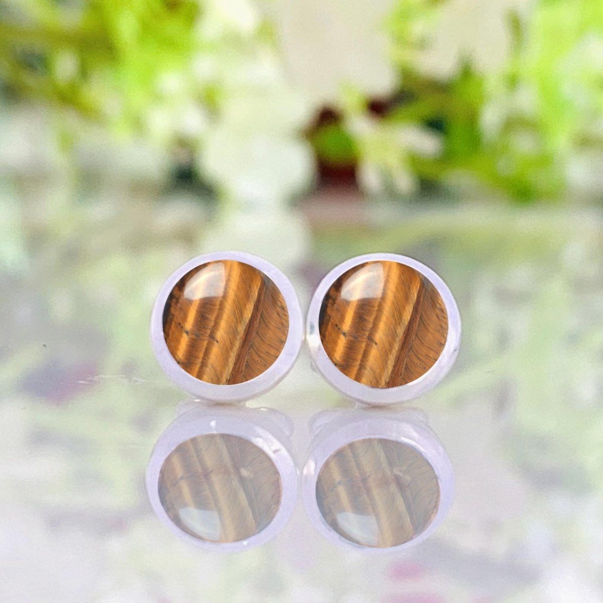 Round Tiger's Eye Stud Earrings in 925 Sterling Silver - Multiple Finish - BeadsBoatInc