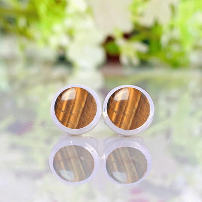 Round Tiger's Eye Stud Earrings in 925 Sterling Silver - Multiple Finish - BeadsBoatInc