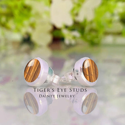 Round Tiger's Eye Stud Earrings in 925 Sterling Silver - Multiple Finish - BeadsBoatInc