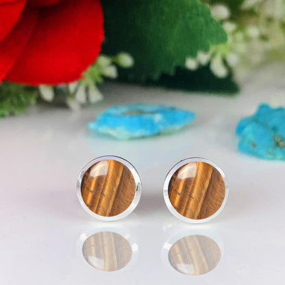 Round Tiger's Eye Stud Earrings in 925 Sterling Silver - Multiple Finish - BeadsBoatInc