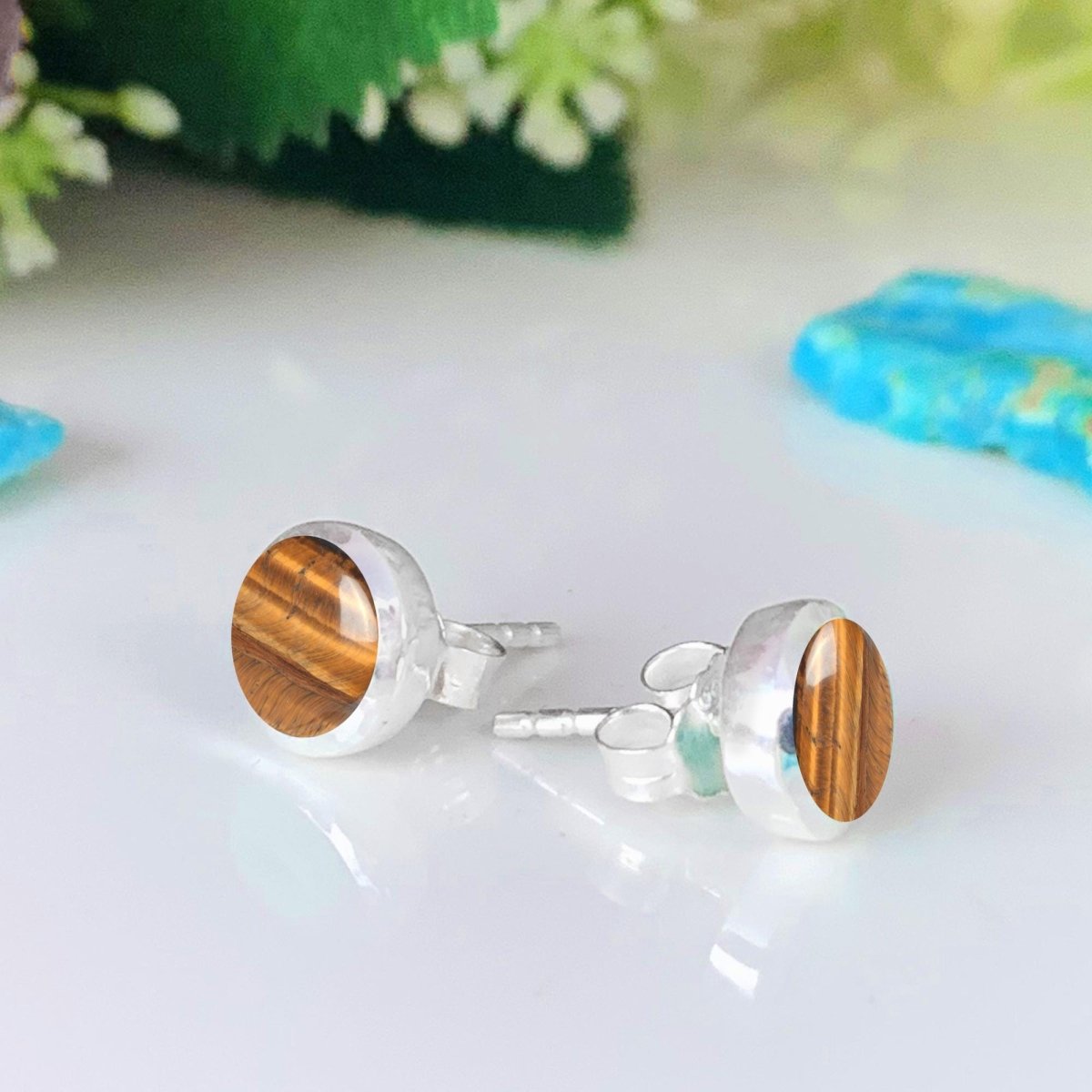 Round Tiger's Eye Stud Earrings in 925 Sterling Silver - Multiple Finish - BeadsBoatInc