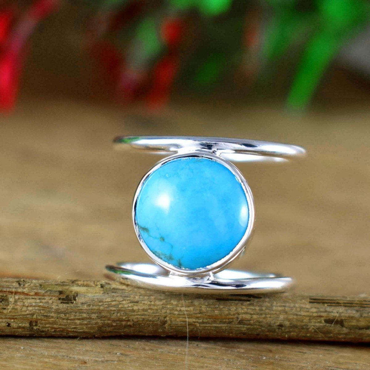 Round Turquoise Double Band Ring ~ Chunky Sterling Silver Statement Ring for Women ~ Turquoise Jewelry Gift for Her ~ R - 0022 - BeadsBoatInc