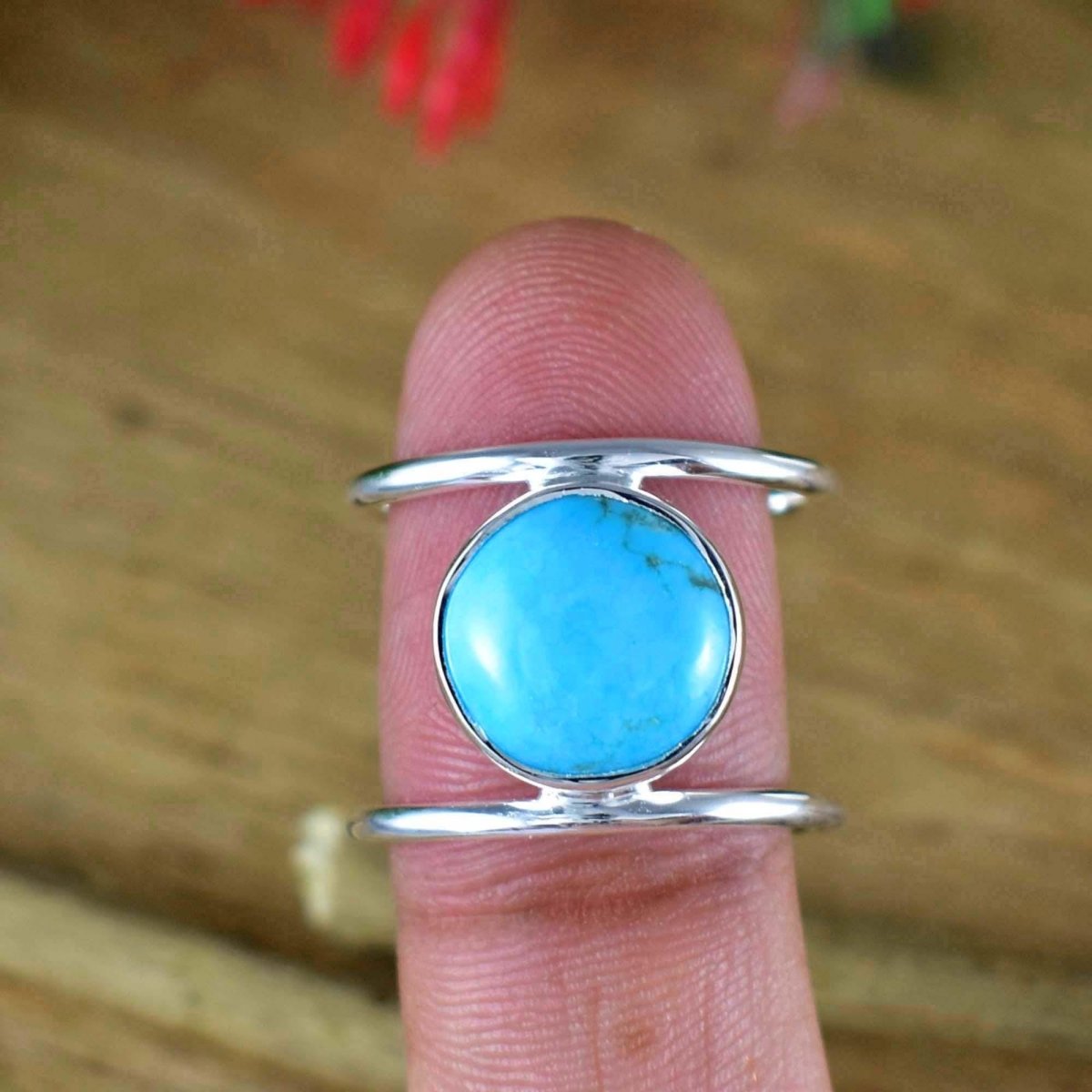 Round Turquoise Double Band Ring ~ Chunky Sterling Silver Statement Ring for Women ~ Turquoise Jewelry Gift for Her ~ R - 0022 - BeadsBoatInc