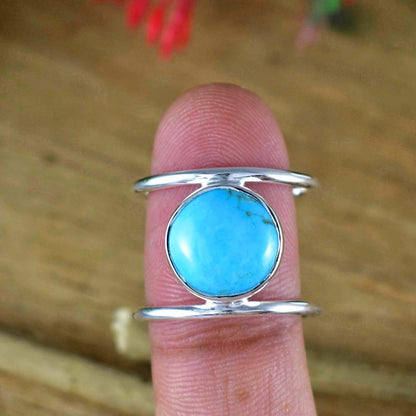 Round Turquoise Double Band Ring ~ Chunky Sterling Silver Statement Ring for Women ~ Turquoise Jewelry Gift for Her ~ R - 0022 - BeadsBoatInc