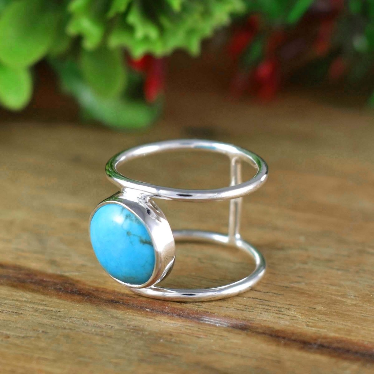 Round Turquoise Double Band Ring ~ Chunky Sterling Silver Statement Ring for Women ~ Turquoise Jewelry Gift for Her ~ R - 0022 - BeadsBoatInc