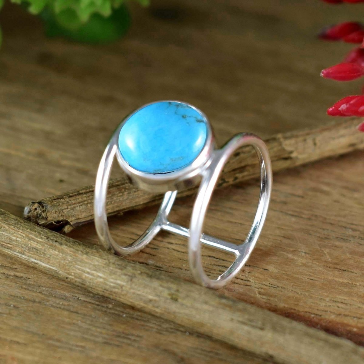Round Turquoise Double Band Ring ~ Chunky Sterling Silver Statement Ring for Women ~ Turquoise Jewelry Gift for Her ~ R - 0022 - BeadsBoatInc