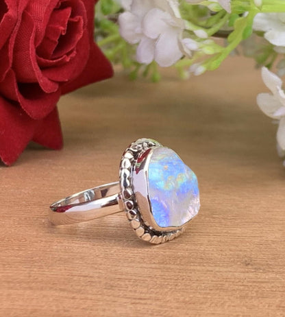 Rustic Moonstone Ring • Natural Raw Gemstone in Sterling Silver • June Birthstone Jewelry • Unique Gift for Her • Handmade Boho Ring R - 0196 - BeadsBoatInc