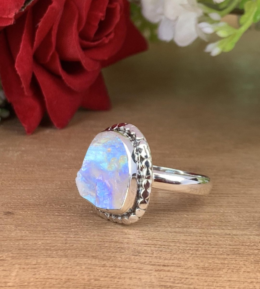 Rustic Moonstone Ring • Natural Raw Gemstone in Sterling Silver • June Birthstone Jewelry • Unique Gift for Her • Handmade Boho Ring R - 0196 - BeadsBoatInc