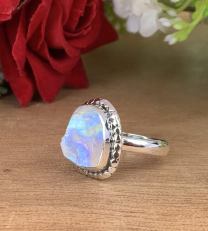 Rustic Moonstone Ring • Natural Raw Gemstone in Sterling Silver • June Birthstone Jewelry • Unique Gift for Her • Handmade Boho Ring R - 0196 - BeadsBoatInc