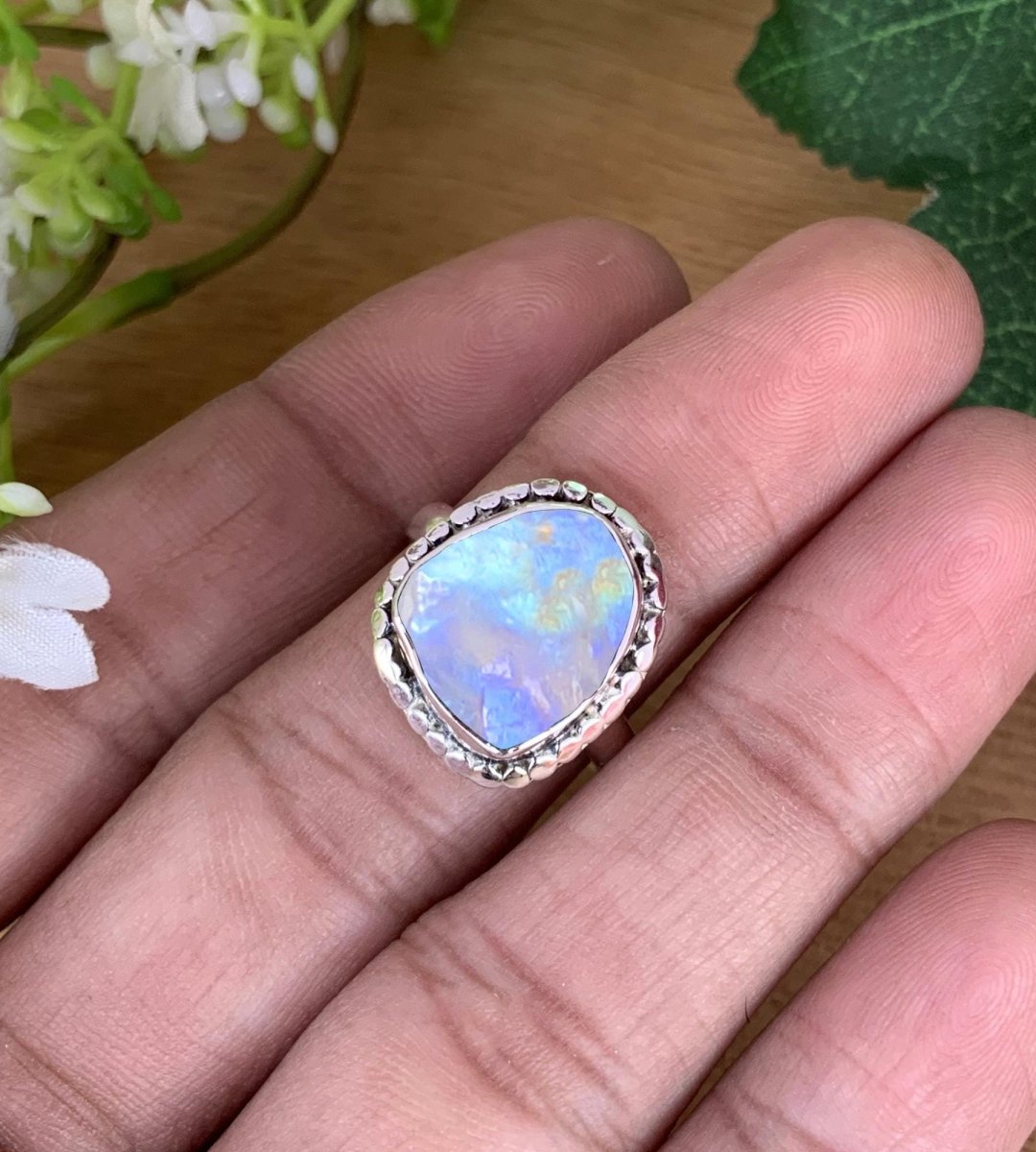 Rustic Moonstone Ring • Natural Raw Gemstone in Sterling Silver • June Birthstone Jewelry • Unique Gift for Her • Handmade Boho Ring R - 0196 - BeadsBoatInc