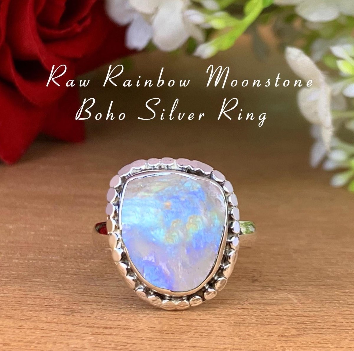 Rustic Moonstone Ring • Natural Raw Gemstone in Sterling Silver • June Birthstone Jewelry • Unique Gift for Her • Handmade Boho Ring R - 0196 - BeadsBoatInc