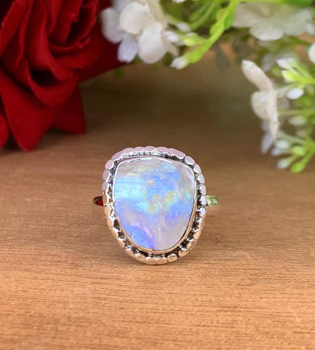 Rustic Moonstone Ring • Natural Raw Gemstone in Sterling Silver • June Birthstone Jewelry • Unique Gift for Her • Handmade Boho Ring R - 0196 - BeadsBoatInc
