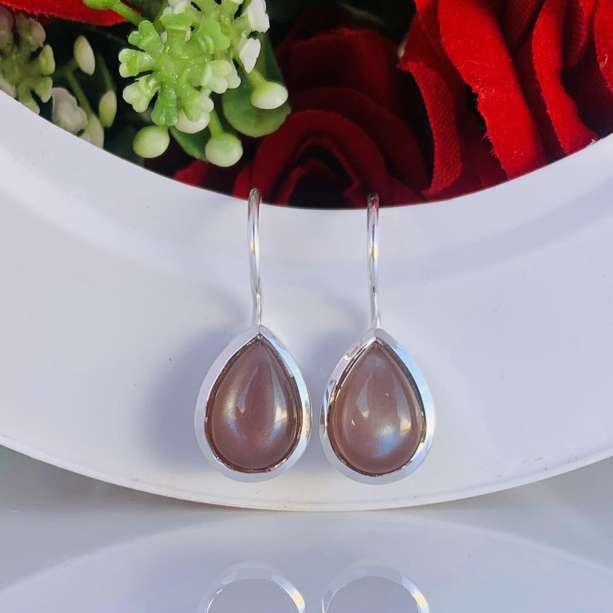 Silk Chocolate Moonstone Pear Cut Dangle Earrings - 925 Sterling Silver Women Jewelry - BeadsBoatInc