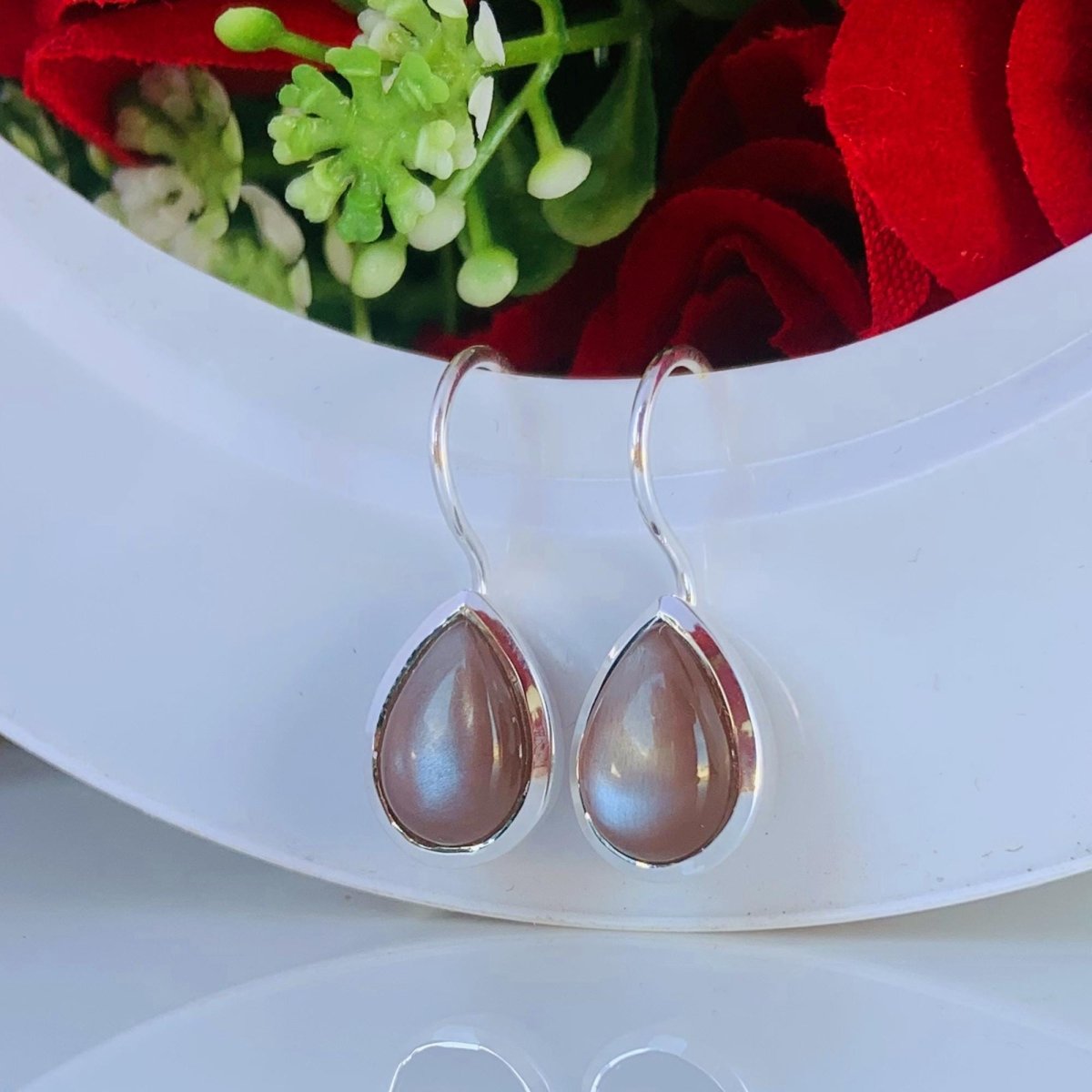 Silk Chocolate Moonstone Pear Cut Dangle Earrings - 925 Sterling Silver Women Jewelry - BeadsBoatInc