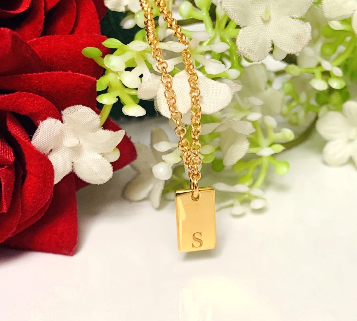 Silver Gold Initial Box Chain Necklace - Mini Monogram Personalized Engraved - BeadsBoatInc