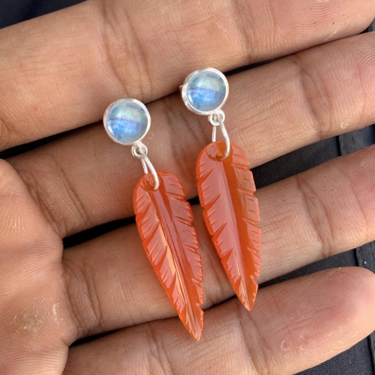 Silver Leaf Earrings ~ Carnelian & Rainbow Moonstone ~ Perfect For Every Occasion ~ Gift For Her ~ Gift For Mom ~ Bridesmaid Gift Jewelry - BeadsBoatInc