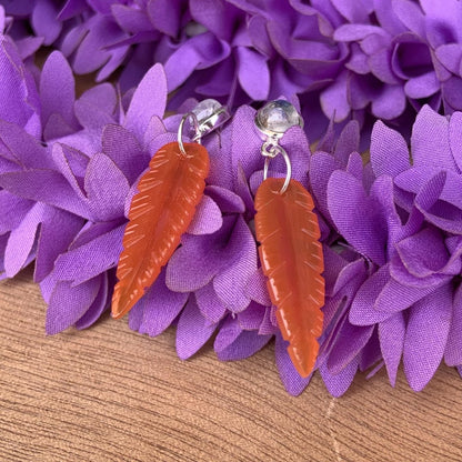 Silver Leaf Earrings ~ Carnelian & Rainbow Moonstone ~ Perfect For Every Occasion ~ Gift For Her ~ Gift For Mom ~ Bridesmaid Gift Jewelry - BeadsBoatInc