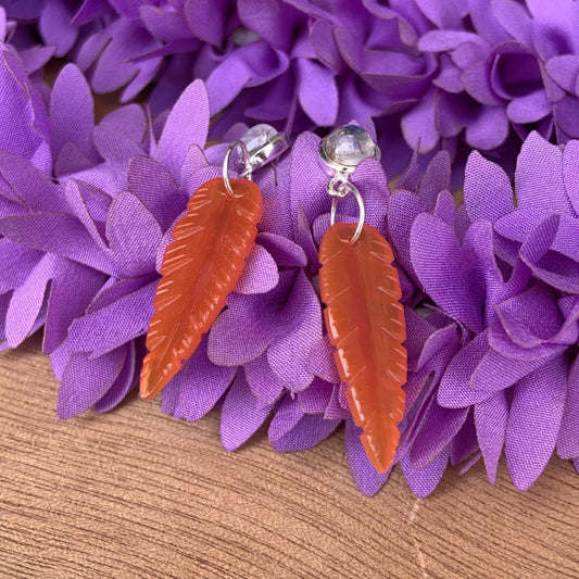 Silver Leaf Earrings ~ Carnelian & Rainbow Moonstone ~ Perfect For Every Occasion ~ Gift For Her ~ Gift For Mom ~ Bridesmaid Gift Jewelry - BeadsBoatInc