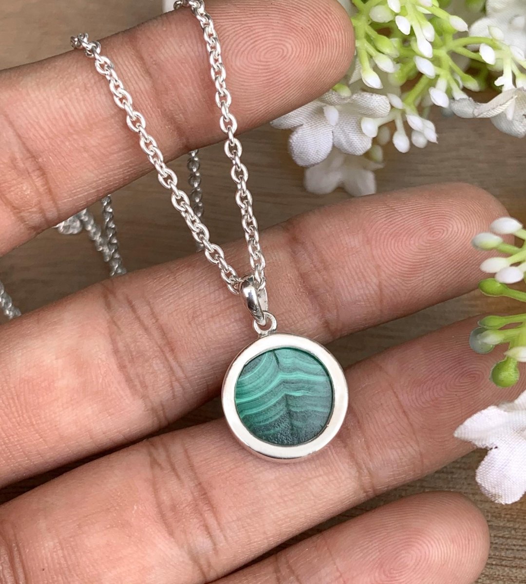 Silver Malachite Necklace – Dainty Green Pendant - BeadsBoatInc