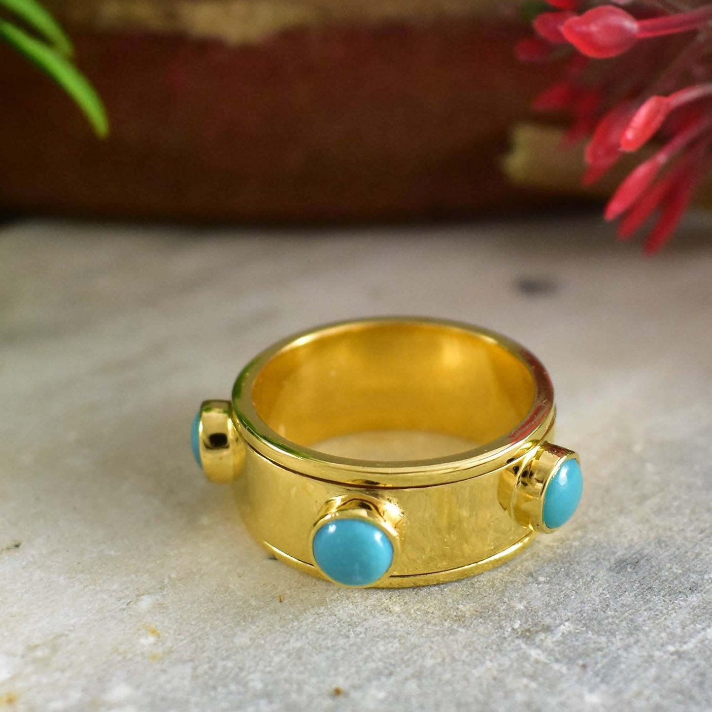 Sleeping Beauty Turquoise Spinner Ring – Gold Fidget Band for Women - BeadsBoatInc
