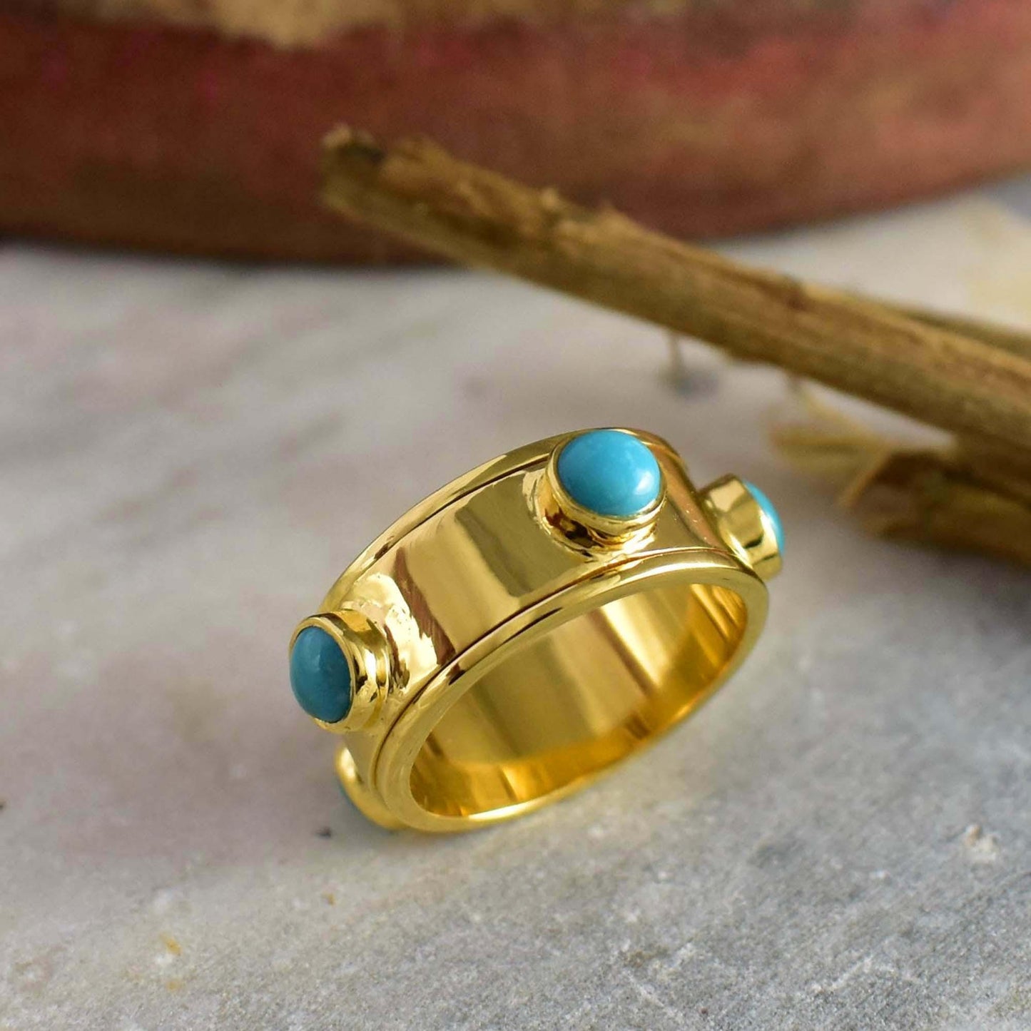 Sleeping Beauty Turquoise Spinner Ring – Gold Fidget Band for Women - BeadsBoatInc