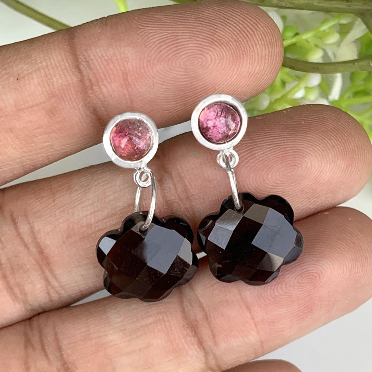 Smoky Quartz Pink Tourmaline Dangle Earrings 925 Sterling Silver Floral Gift For Her - BeadsBoatInc